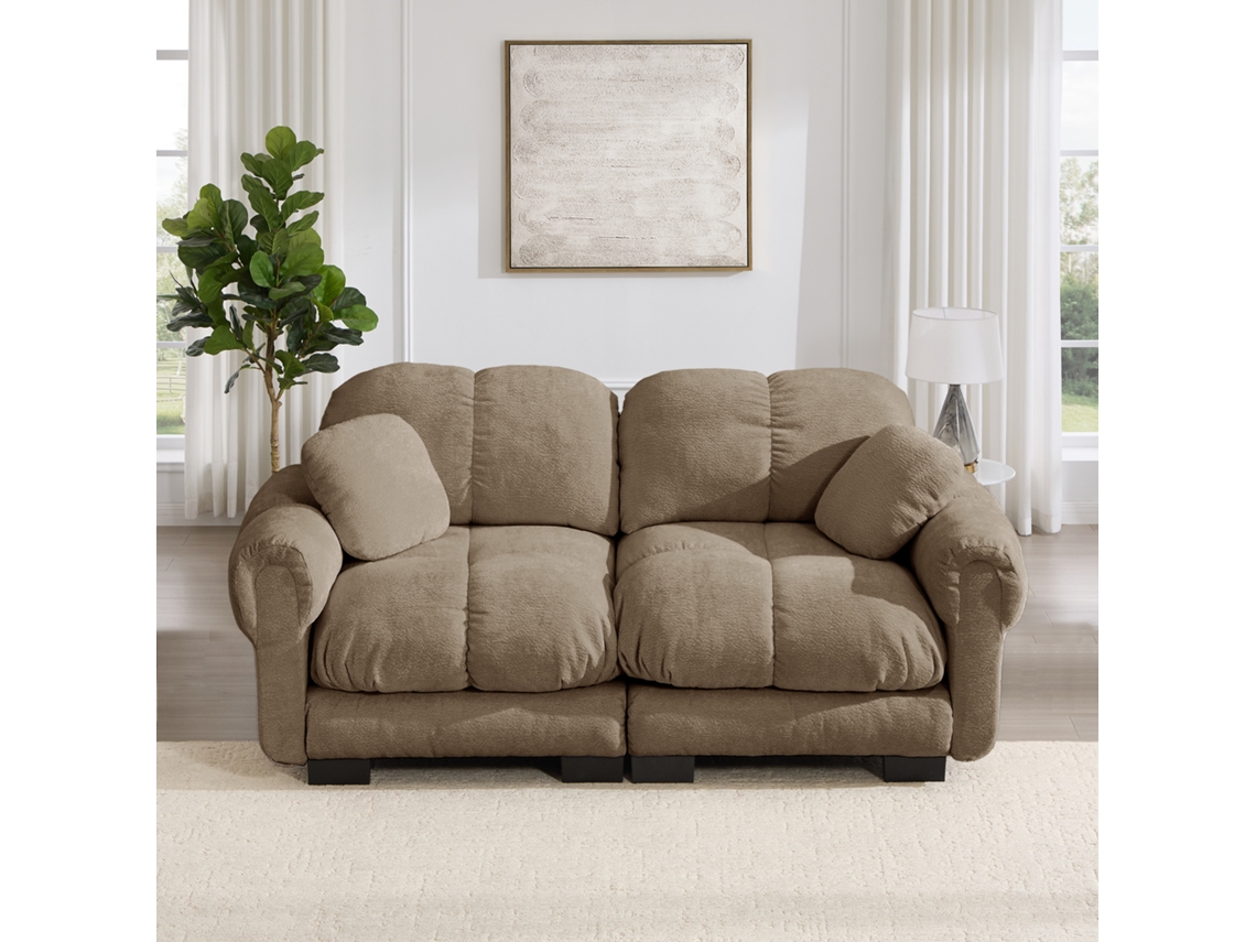 Sofá 2 Lugares Chenille, Design Acolchoado, Modular, 150 X 75 Cm, Ergonômico, Com Almofadas Espessas, Marrom