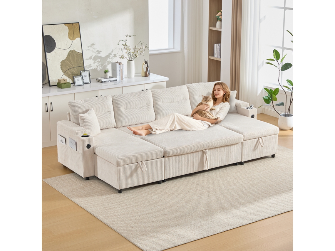 Sofá Veludo 4 Pessoas, Chaise Longes Duplas. Armazenamento Porta-copos Usb Reclinável. Sala Estar. Cs