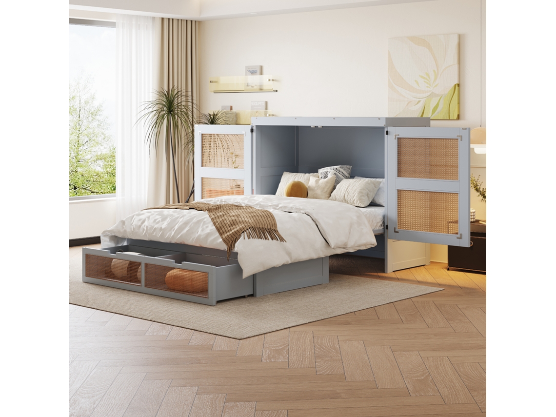 Cama De Parede 140x200 Cm, Schrankbett Vertical Com Estrado, Gavetas De Armazenamento, Estilo Rattan, Cama De Madeira Para Jovens, Cinza