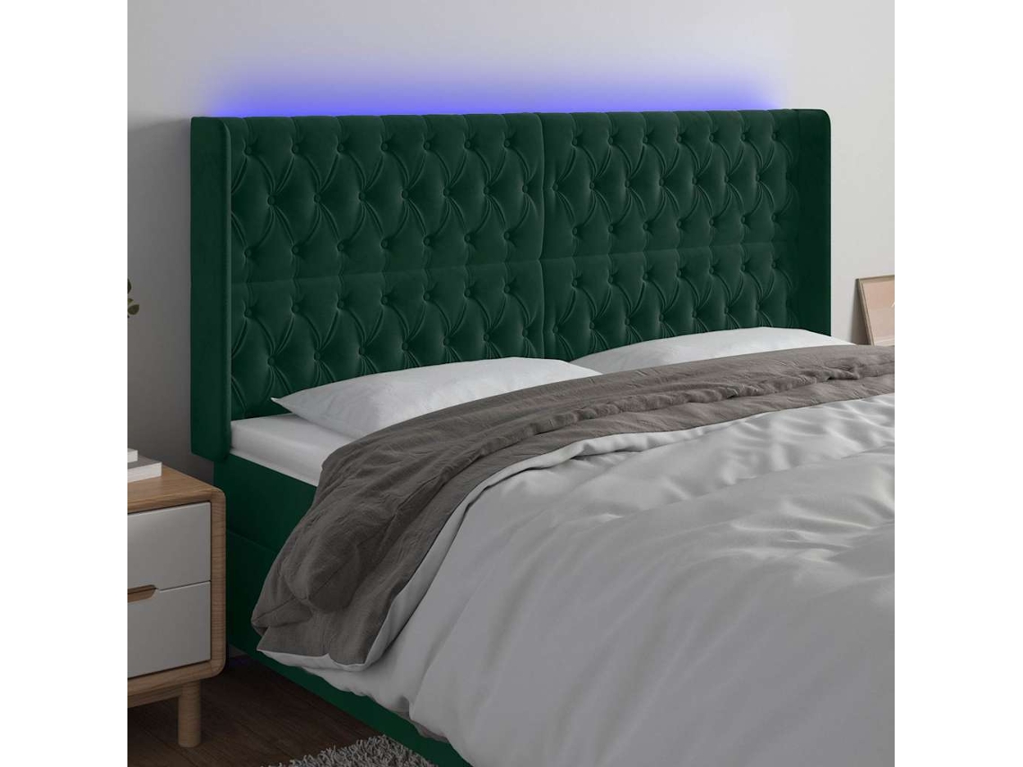 Vidaxl Cabeceira De Cama C/ Led Veludo 203x16x118/128 Cm Verde-escuro