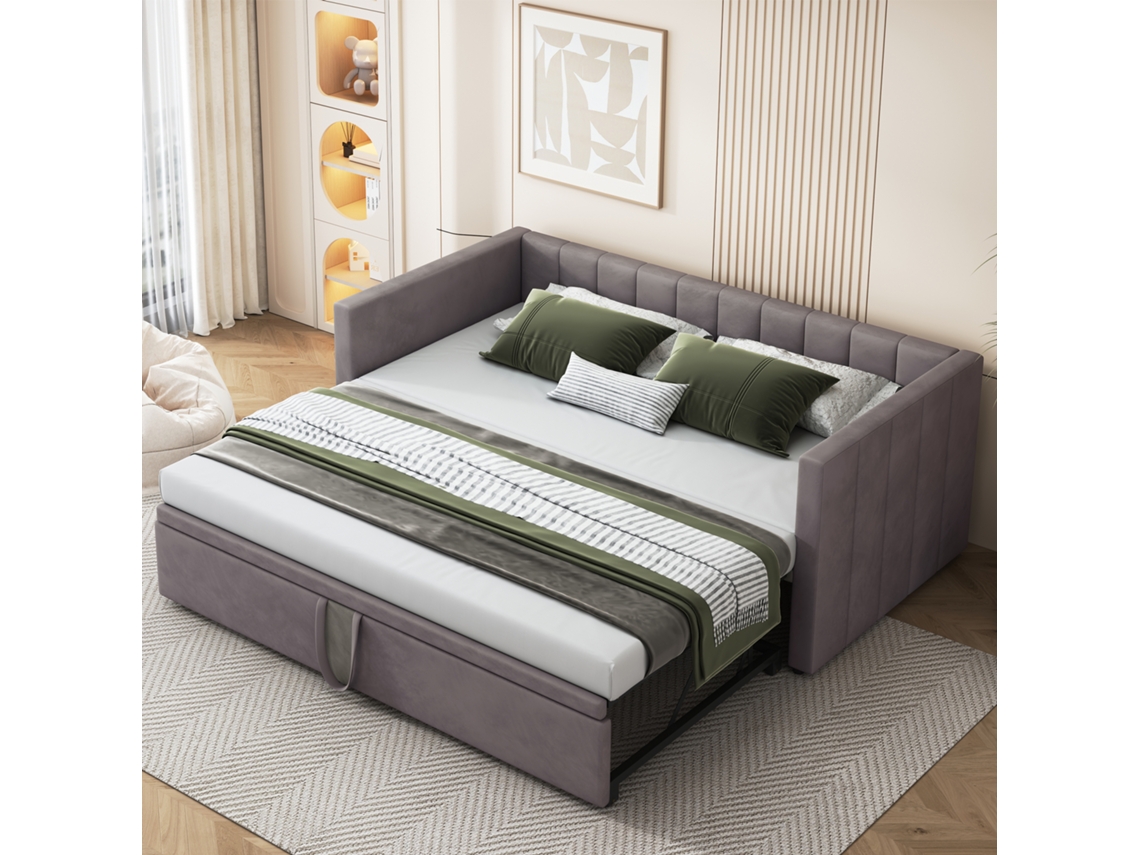 Cama Estofada Sofá-cama Cama 90/180*200 Cm Com Bases De Ripas, Cama Multifuncional Feita De Veludo Cinza Amigo Da Pele-op