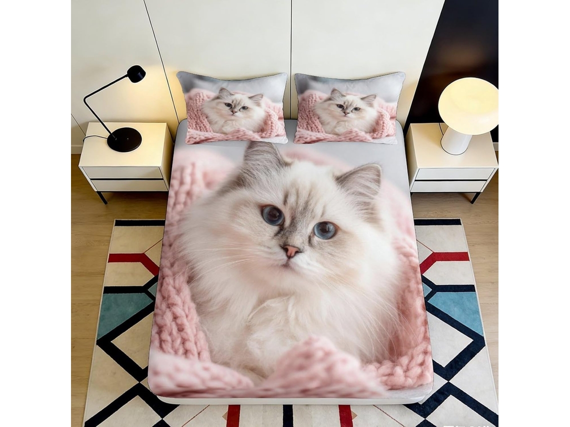 Conjunto de Cama Gato Branco Microfibra Fronha 200x25 Cm
