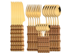 Conjunto de Jantar de Aço Inoxidável Espelhado , com Faca, Garfo e Colher com Cabo de Bambu. MDUG (24 Peças, Dourado)