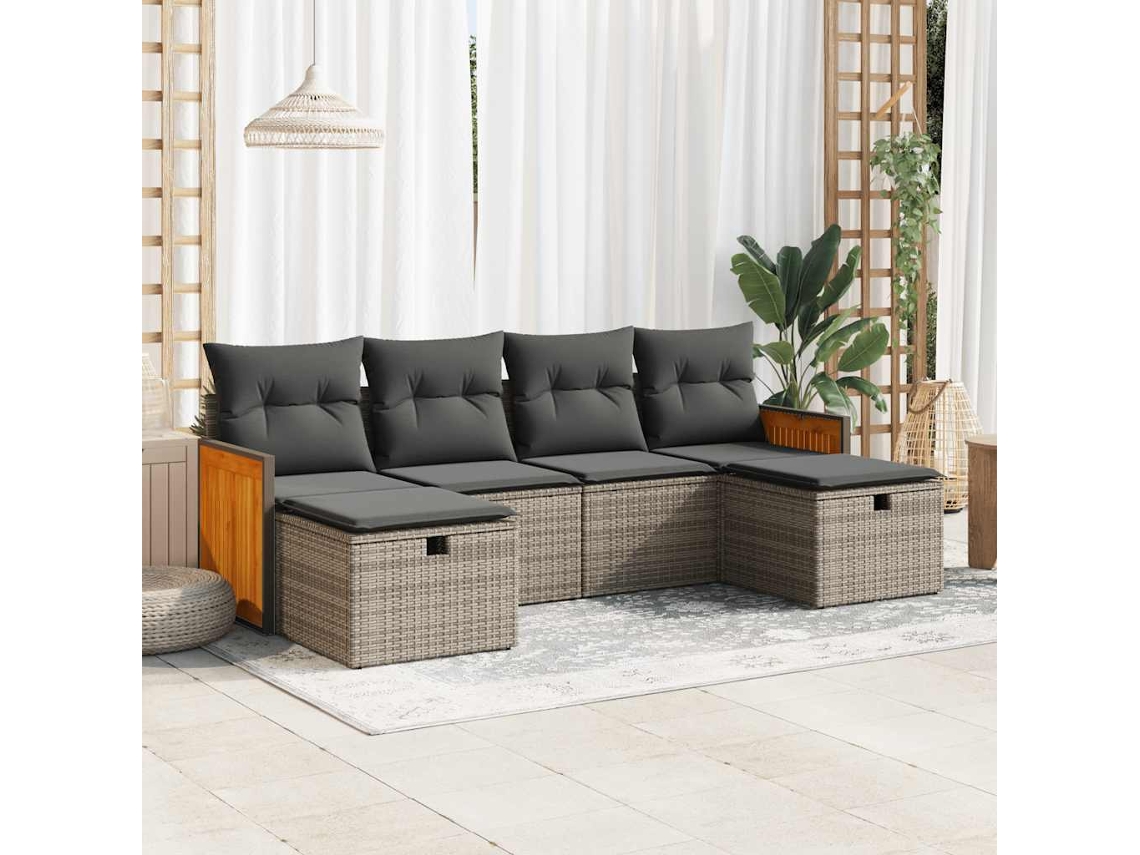 Vidaxl 6 Pcs Conjunto Sofás De Jardim Com Almofadões Vime Cinzento