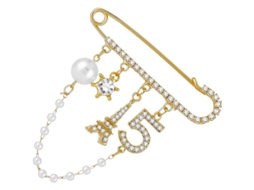 Broche Vintage Com Pérolas Imitadas E Pedras Rhinestone Número 5 Para Mulher