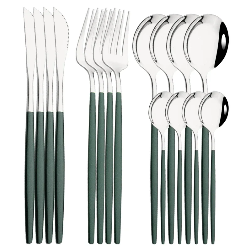 Talheres de Aço Inoxidável, Incluindo Faca, Garfo, Colher de Café, Uso Doméstico MDUG (prata Verde, Conjunto de 16 Peças)