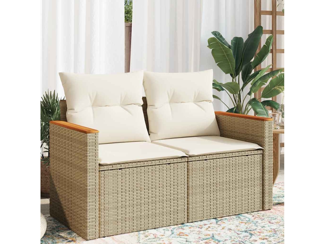 Sofá De Jardim De 2 Lugares Com Almofadões Vime Pe Bege Dkd Home Decor