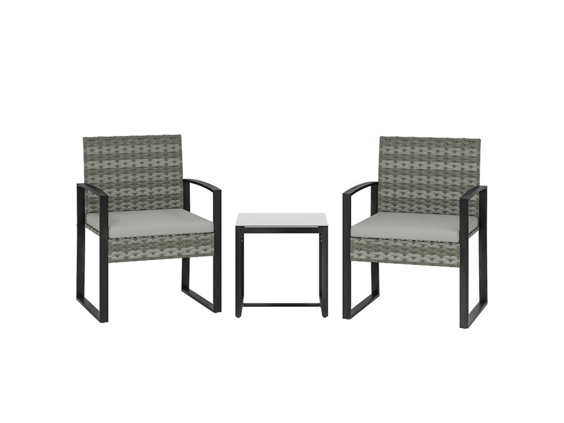 Conjunto de Jardim Rattan 3 peças com 2 cadeiras e mesa de centro, almofadas cinza claro BTFORUS