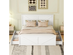 Cama Em Madeira 160 X 200 Cm Cama Individual Com 4 Gavetas De Arrumação Branco Estilo