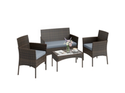 Conjunto de Móveis de Jardim em Vime Sintético com Sofá, Cadeirões, Mesa com Vidro Temperado e Almofadas Castanho e Cinzento QINGYU TECH