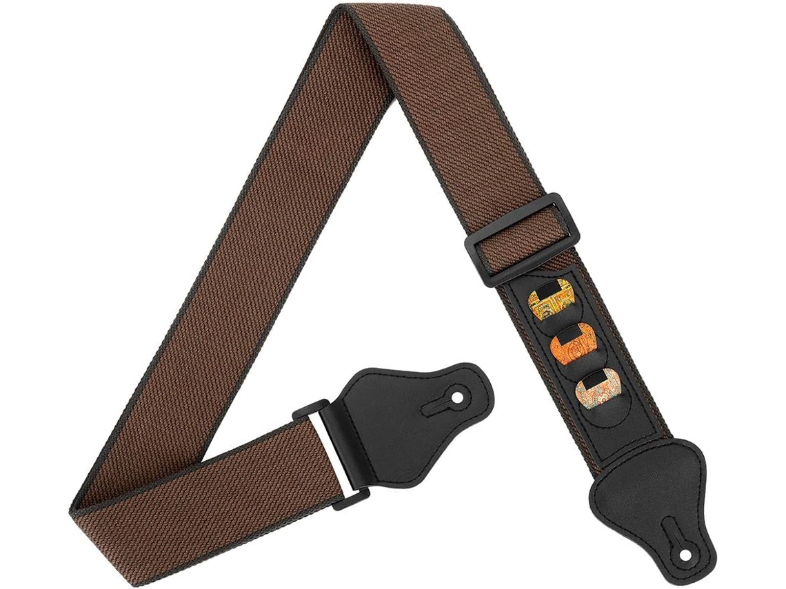 Correia para Guitarra, 100% Algodão Macio com 3 Porta palhetas, Alça de Ombro para Baixo, Guitarra Elétrica e Acústica AQUAFORGE (cor Café)