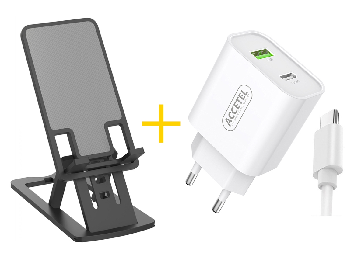 Pack Office Suporte ACCETEL NE5150 + Cabo Type C + Carregador para Apple iPhone 16 Plus ACCETEL AC527 1 X USB + 1 X Type-C 12W 2.4A Preto