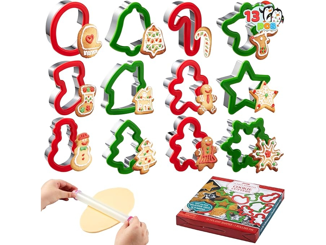 Aço Inoxidável Natal Conjunto De Cortadores De Bolachas, 13 Peças, 3.5 Polegadas Com Pega, Vermelho E Verde