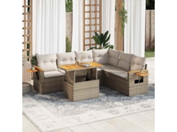 Vidaxl 7 Pcs Conjunto Sofás Jardim Com Almofadões Vime Pe/acácia Bege