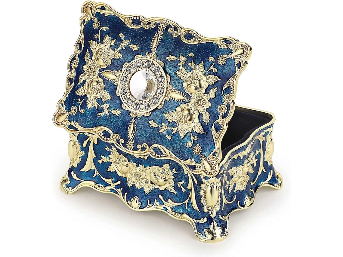 Caixa De Jóias Vintage Metal Mini Azul Para Organizar Anéis Brincos Colares
