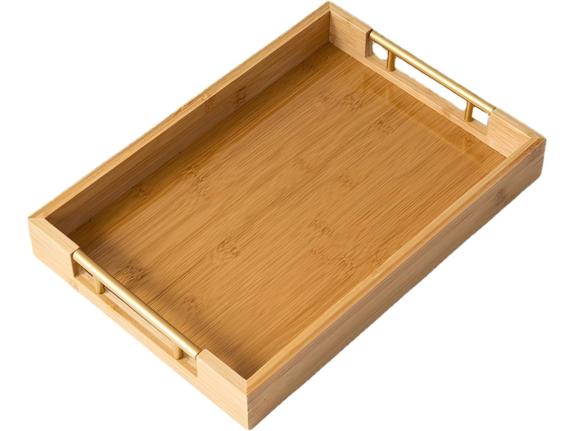 Tabuleiro De Servir - Bandeja Retangular De Madeira - Com Pegas - 38x26,5x5 Cm - Madeira Natural