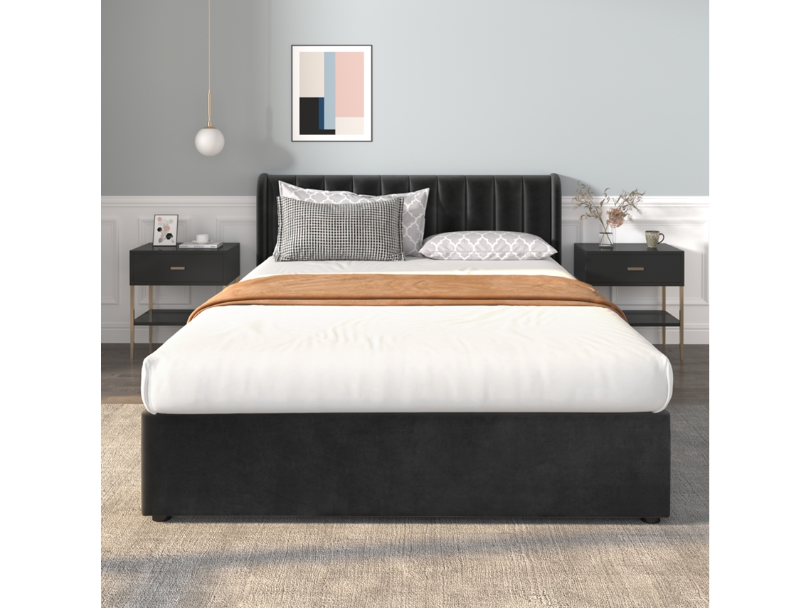 Cama Estofada 140x200cm Em Veludo Preto Com Cabeceira E 2 Gavetas E Estrado Incluso Mega Echo Trade Shop
