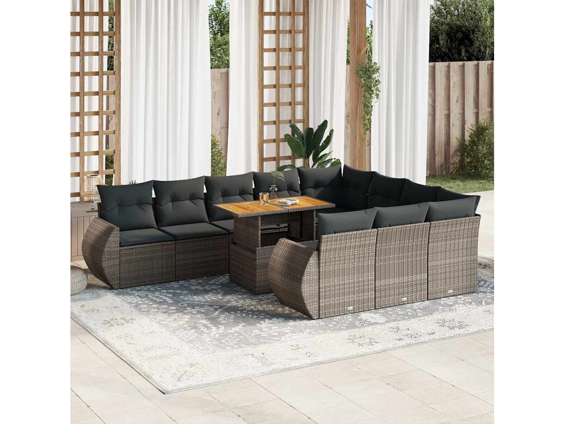 Vidaxl 11 Pcs Conjunto Sofás De Jardim C/ Almofadões Vime Pe Cinzento