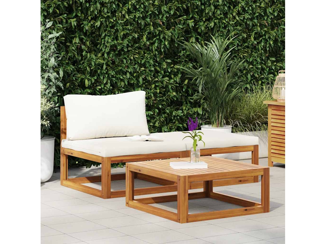 Vidaxl 3 Pcs Conjunto Lounge Jardim C/ Almofadões Cor Creme Acácia