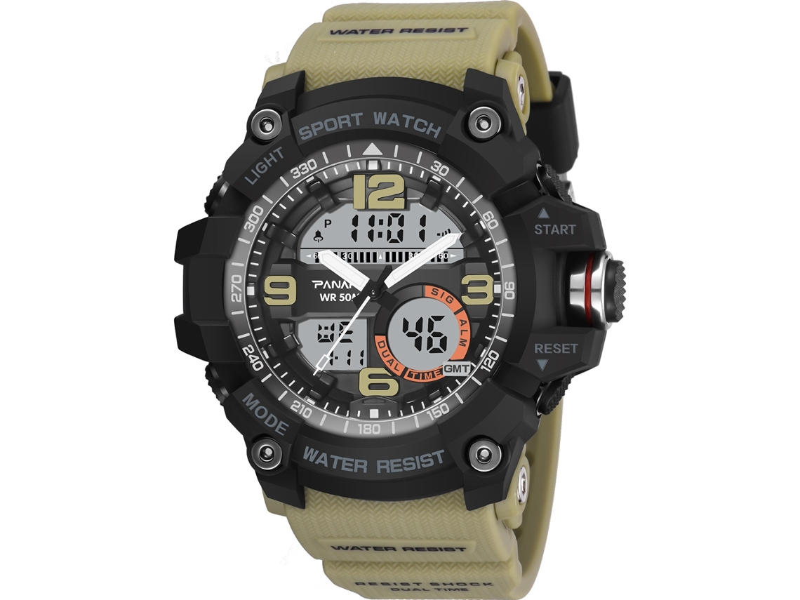 Relógio Digital Multifuncional Panars para Homem, Resistente À Água, Display Duplo, Esportivo Khaki