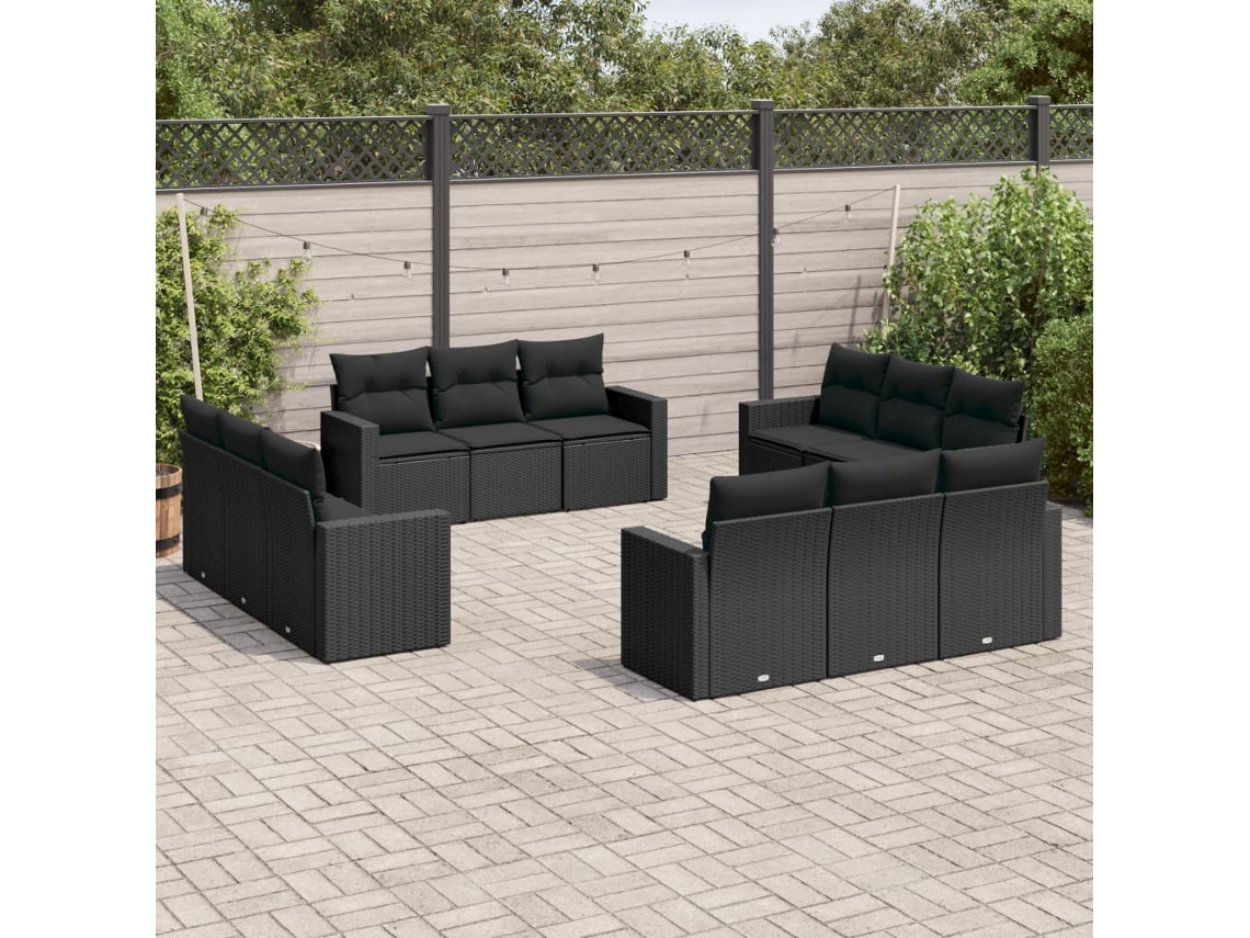Vidaxl 12 Pcs Conjunto De Sofás De Jardim C/ Almofadões Vime Pe Preto