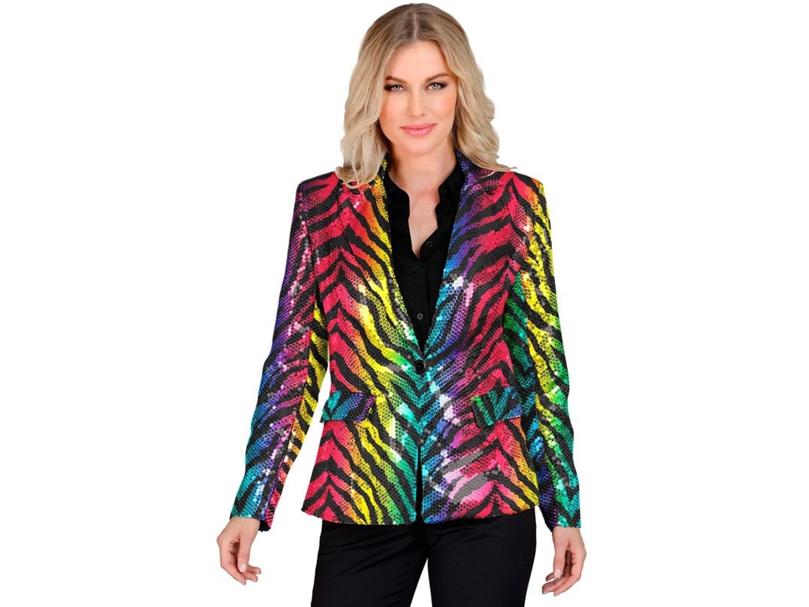 Fato de festa ou jaqueta com estampa animal listrada multicolorida para mulher