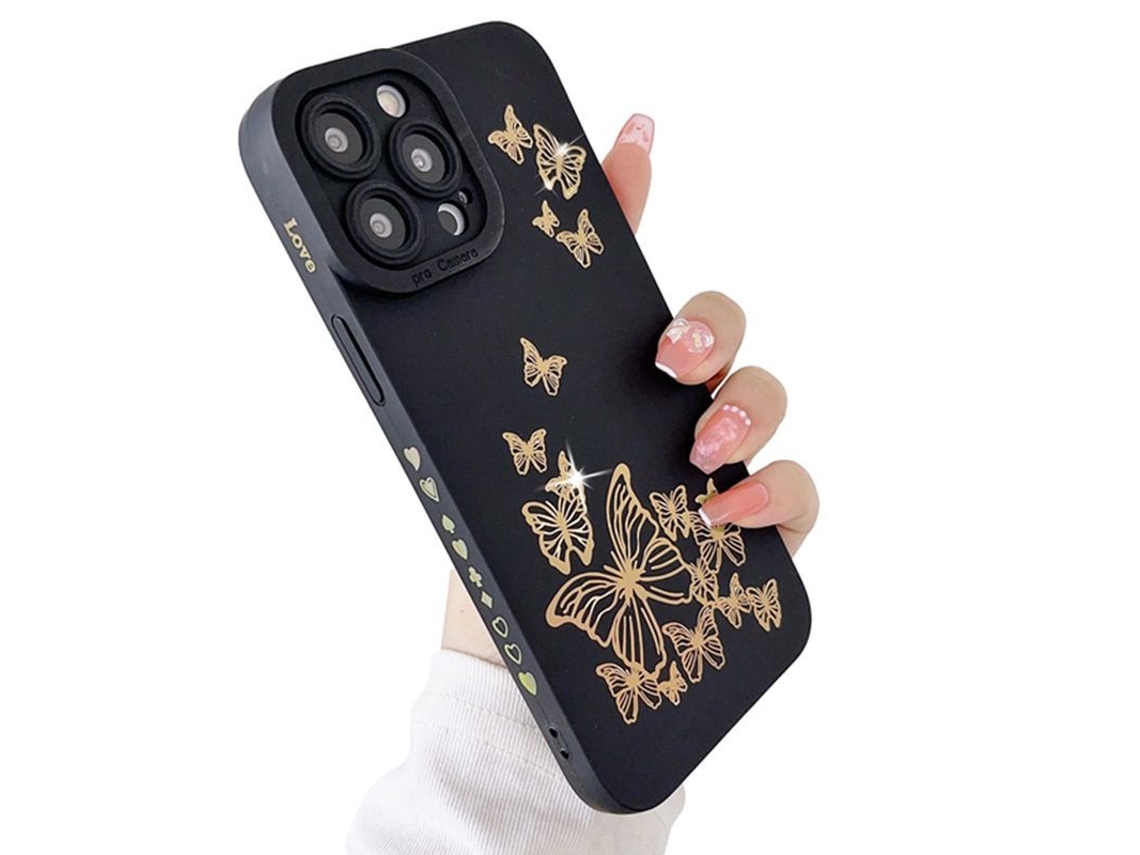Capa Compatível com iPhone 14 Pro Max, Padrão de Borboleta com Coração Lateral, Silicone Líquido, Proteção de Câmera