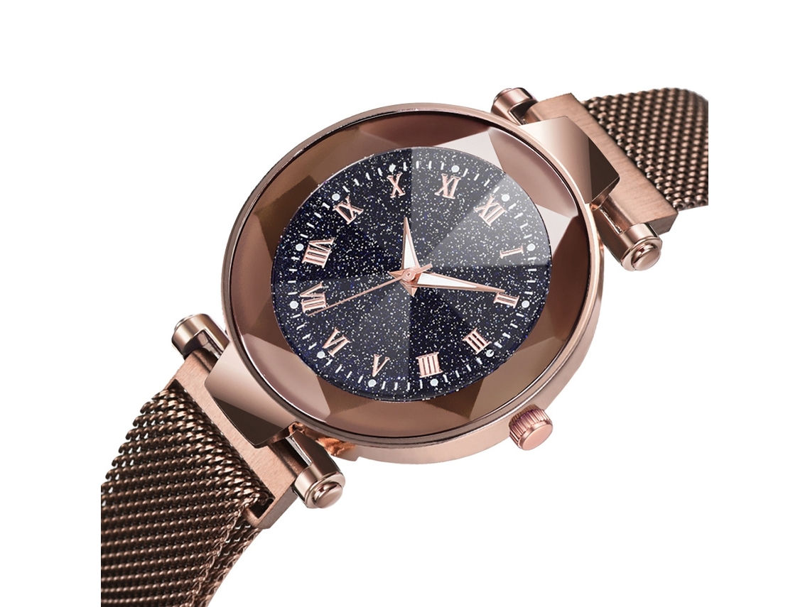 Relógio de Pulso Feminino de Quartzo com Pulseira de Malha e Botão Magnético Café