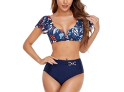 Traje de Banho Biquíni V neck Estampa Flor Azul Marinho XL