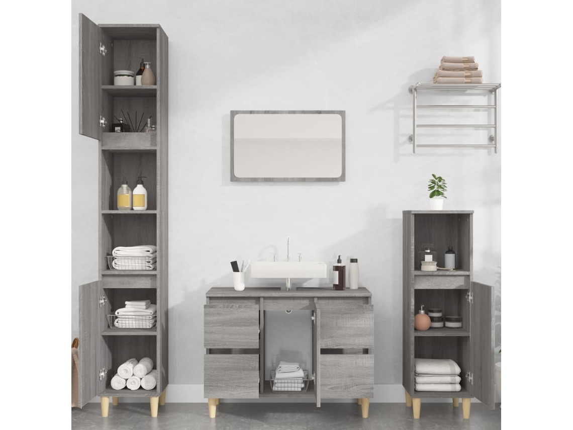 Vidaxl 3 Pcs Conjunto Móveis Casa De Banho Madeira Proc. Cinza Sonoma