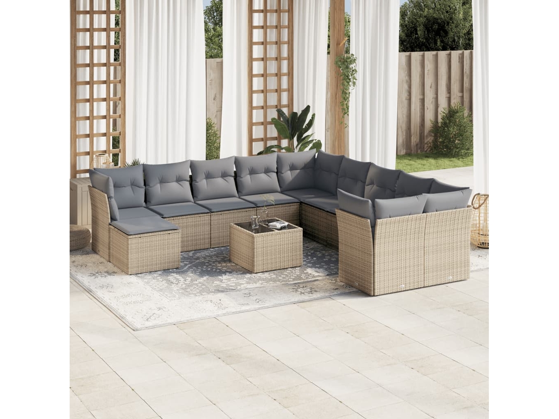 Vidaxl 12 Pcs Conjunto De Sofás P/ Jardim Com Almofadões Vime Pe Bege