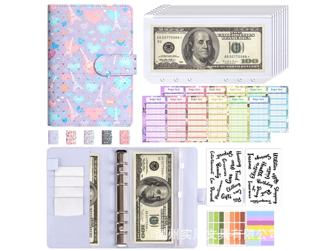 A6 Heart Tower Pu Leather Binder Journal Purple, Macaron Korean Style, With 8zip Pouches, Budget Cards 12-sheets