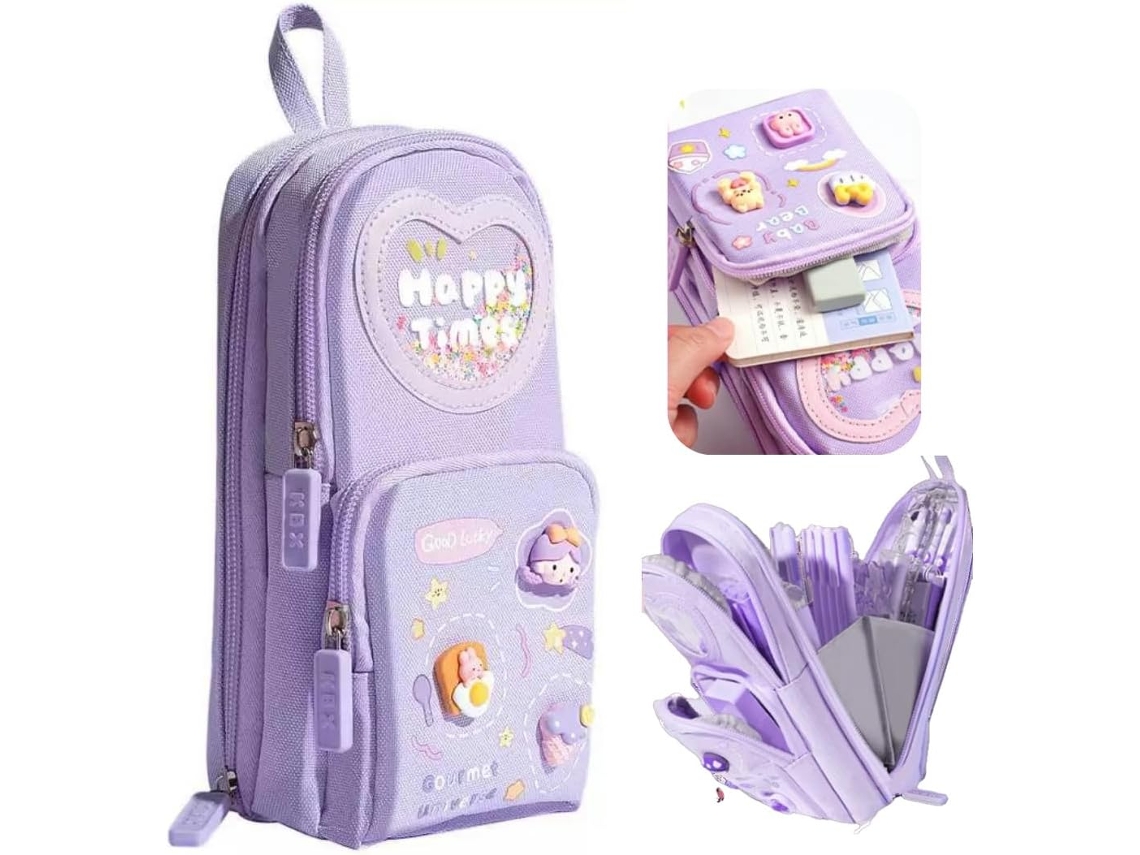 Estojo para Lápis, 3 Compartimentos, Grande, Organizador, Roxo, Kawaii, Escolar, Escritório AQUAFORGE