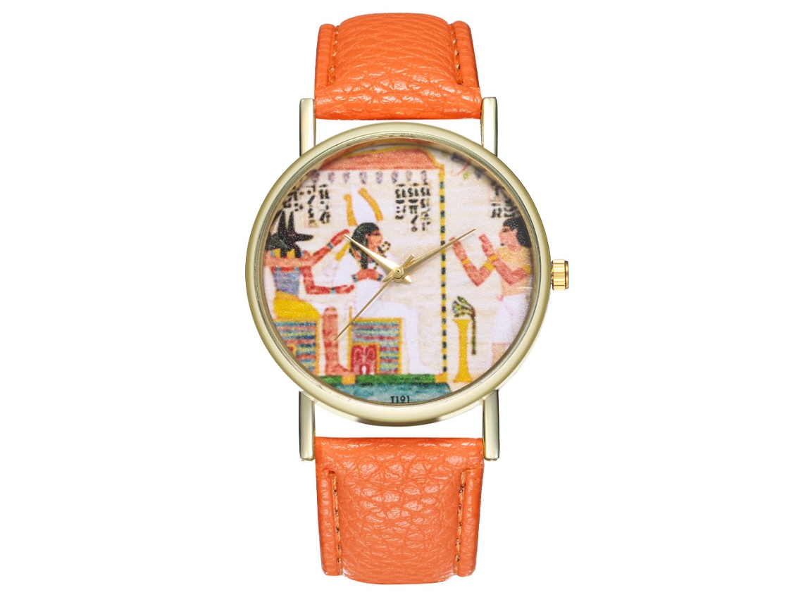 Relógio de pulso de quartzo com mostrador vintage e pulseira de couro para mulheres e homens (laranja)