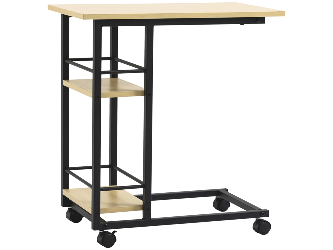 Mesa Lateral Com Rodízios, Mesa Lateral Em Formato De C Com 2 Prateleiras, Estilo Moderno, 60x34,5x64,5 Cm, Cor Natural.