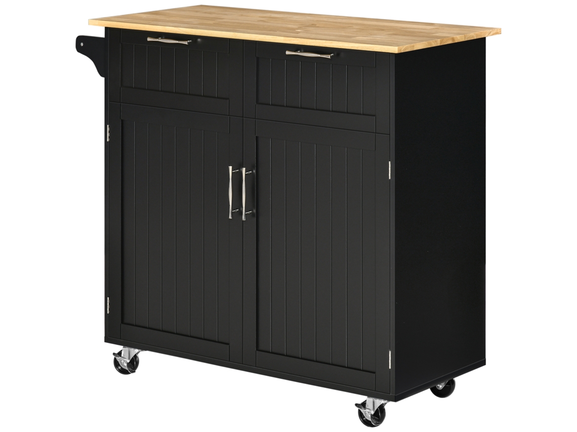 Carrinho de cozinha com rodas, 2 gavetas e 2 portas prateleira ajustável preto 104x46x91 Cm | S/MARCA