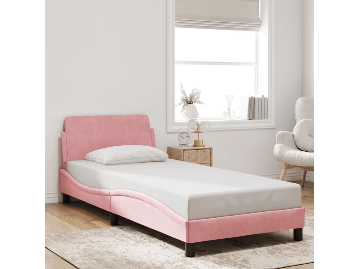 Estrutura Cama C/ Cabeceira Sem Colchão 90x200 Cm Veludo Rosa