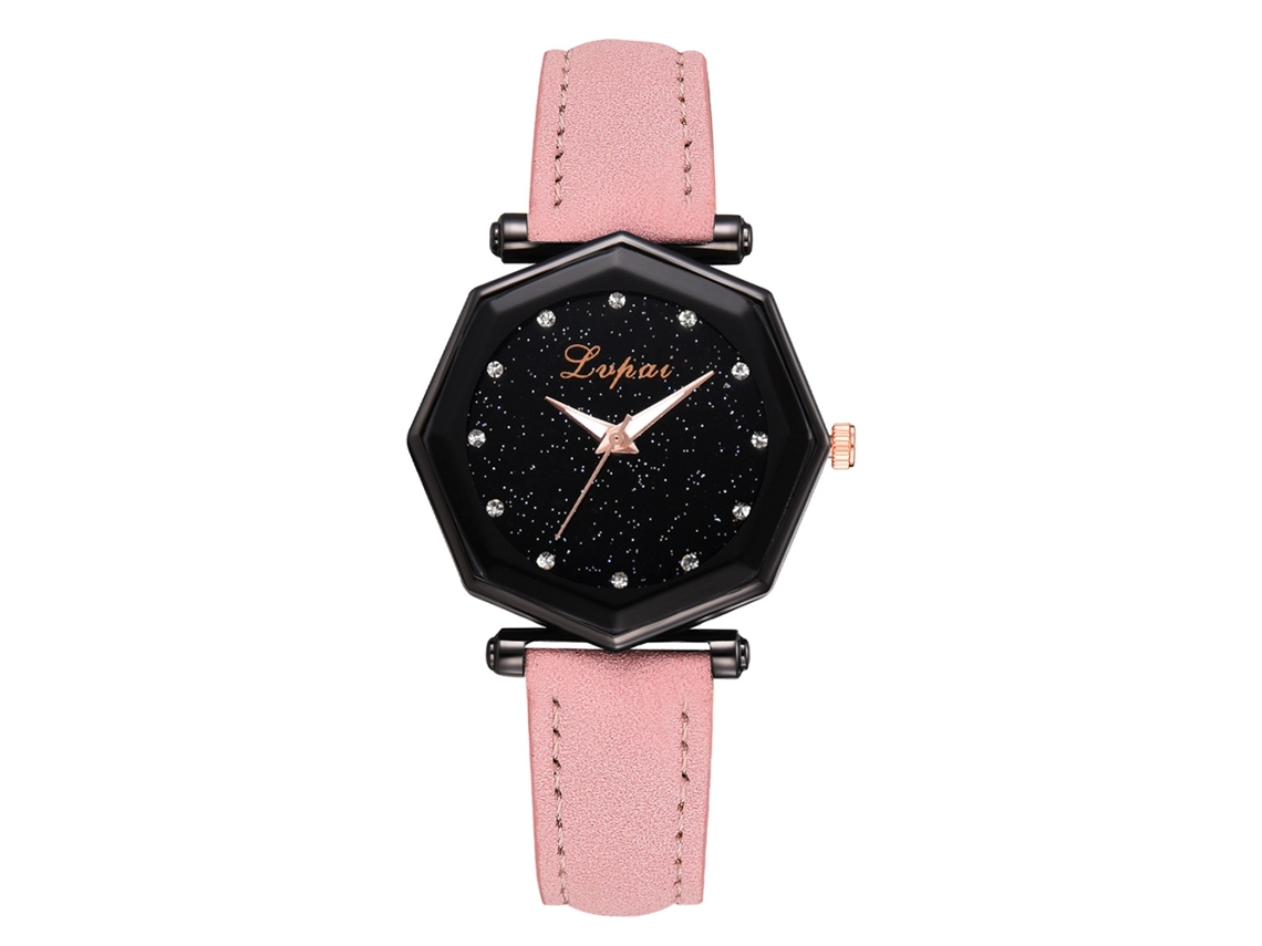 Relógio de Pulso Feminino de Quartzo com Pulseira de Couro Pu Estilo Geométrico Rosa