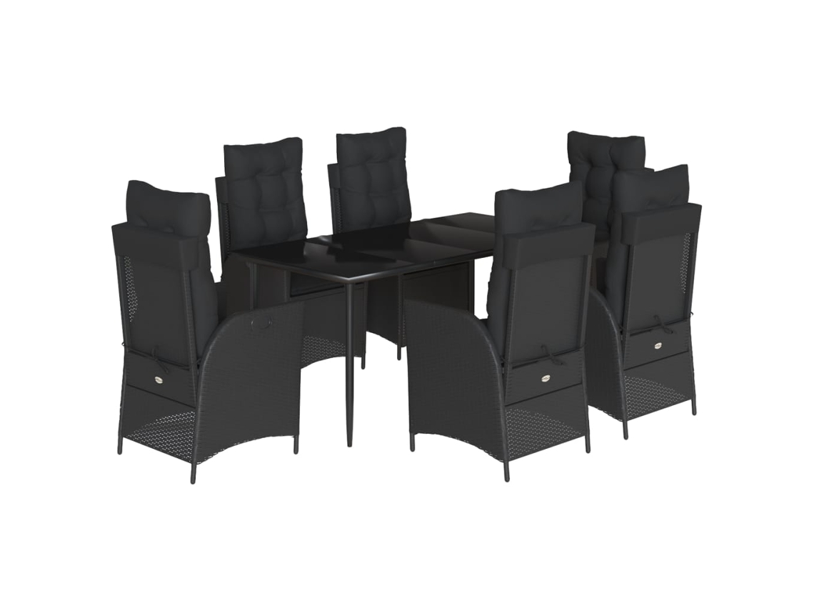 Conjunto 7 de jantar p/ jardim c/ almofadões VIDAXL vime PE preto
