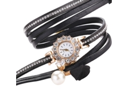 Relógio de Pulso Feminino de Moda com Pulseira de Couro Pu e Cristais em Quartzo Preto