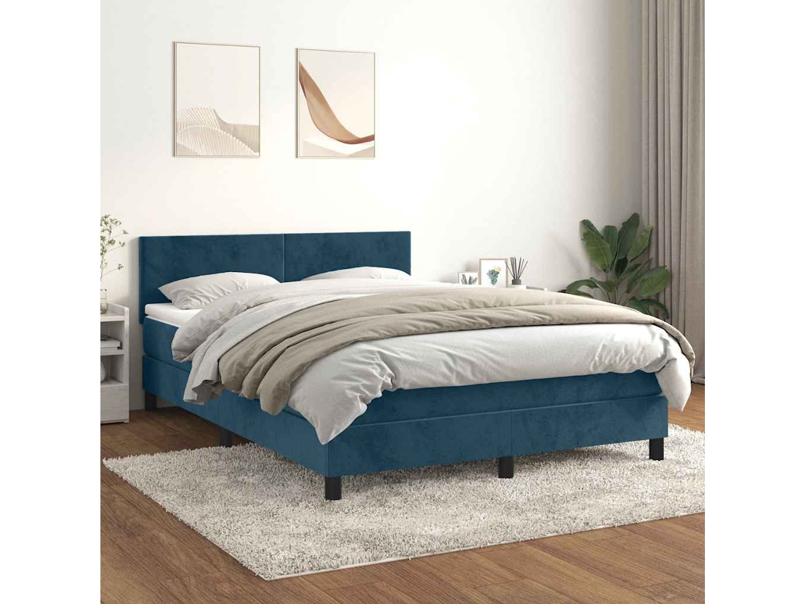 Vidaxl Cama Com Molas/colchão 140x190 Cm Veludo Azul-escuro