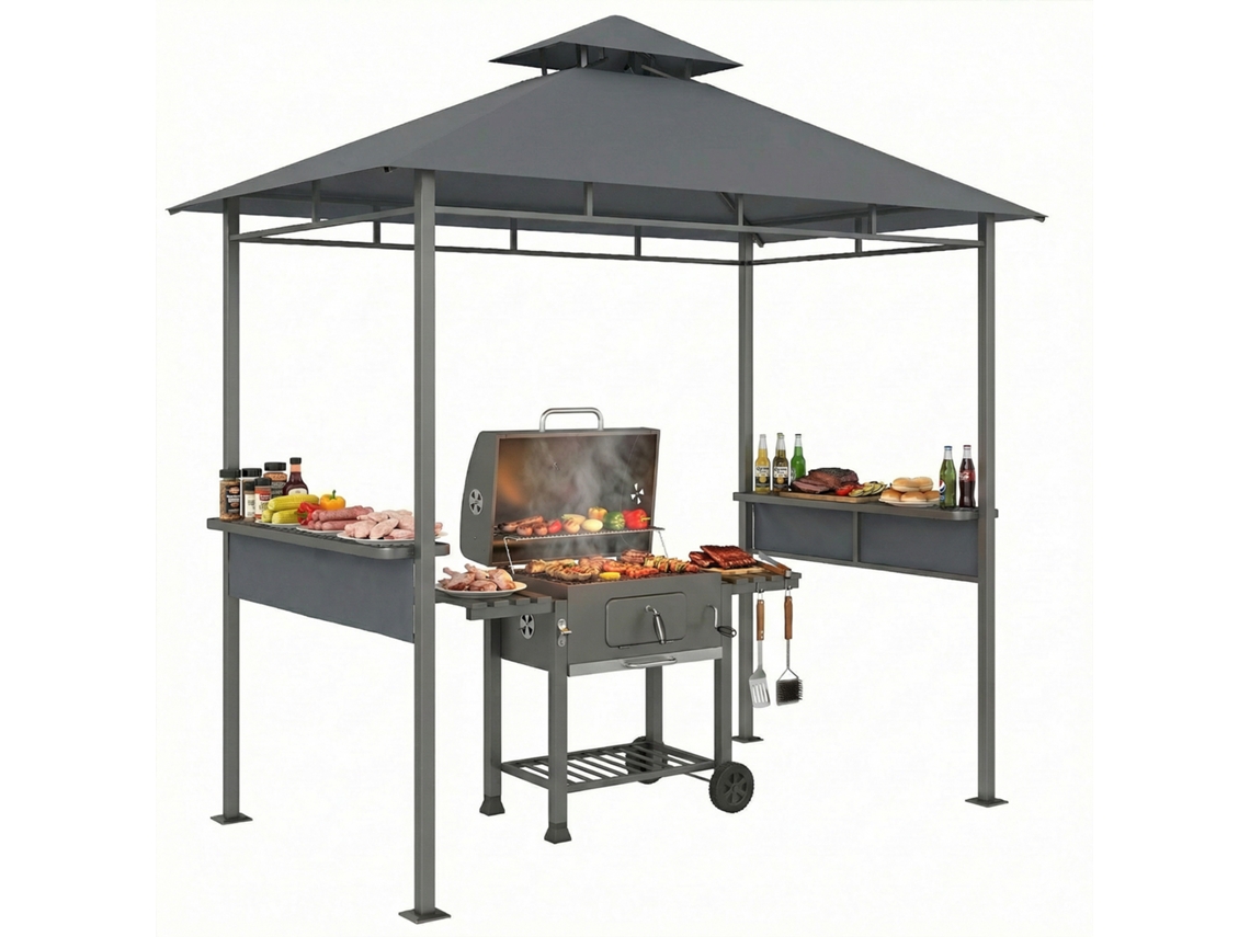 Quiosque Para Churrasco 2,4 X 1,4 M, Abrigo Para Churrasco À Prova De Vento Com Teto Duplo, Abertura De Ventilação E Prateleiras Laterais