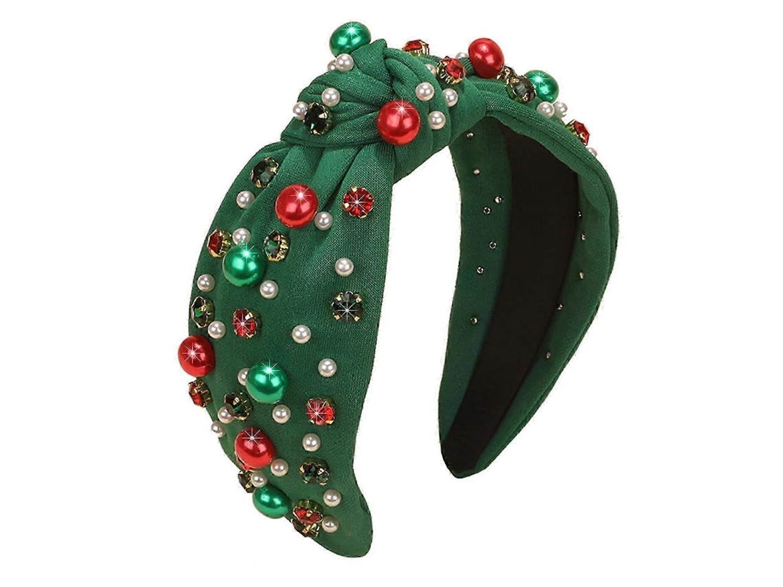 Faixa De Cabelo De Natal Para Mulheres, Larga E Antideslizante, Com Nós E Pérolas E Strass, Verde