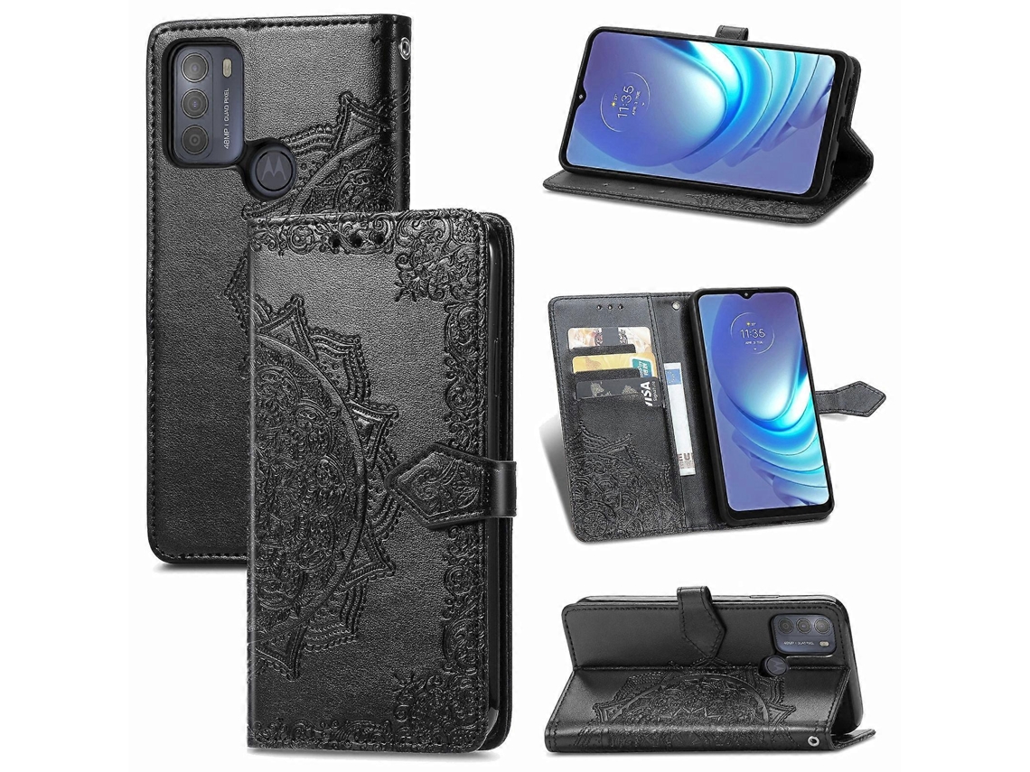 Capa De Couro Com Aba Horizontal E Padrão Mandala Em Relevo Para Motorola Moto G50, Com Suporte, Compartimentos Para Cartões, Carteira E Cordão.
