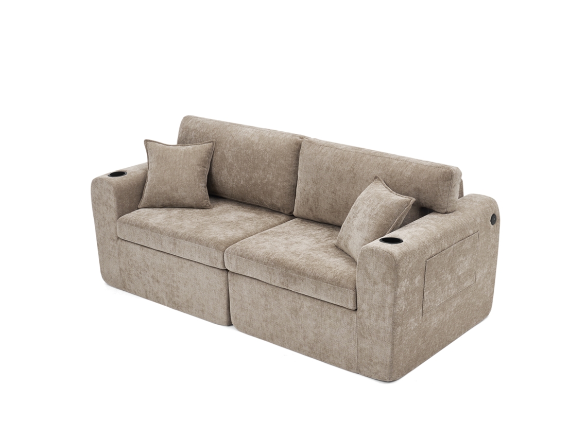Sofá Relax de 2 lugares para espaços pequenos em chenille Macio, com porta-revistas, porta-copos e almofadas na cor marrom.