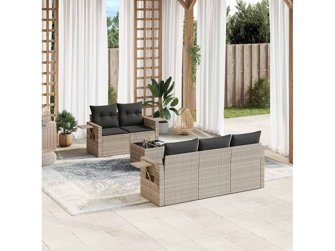 Vidaxl 6 Pcs Conj. Sofás Jardim Com Almofadões Vime Pe Cinzento-claro