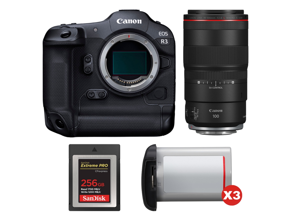 Eos R3 + Rf 100mm F/2.8 L Macro Is Usm + 1 Sandisk 256gb Extreme Pro Cfexpress Type B + 3 Canon Lp e19 + Ebook Pricedirect CANON