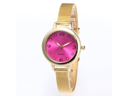 Relógio de pulso feminino Zhoulianfa com mecanismo de quartzo e pulseira de malha rosa-avermelhada.