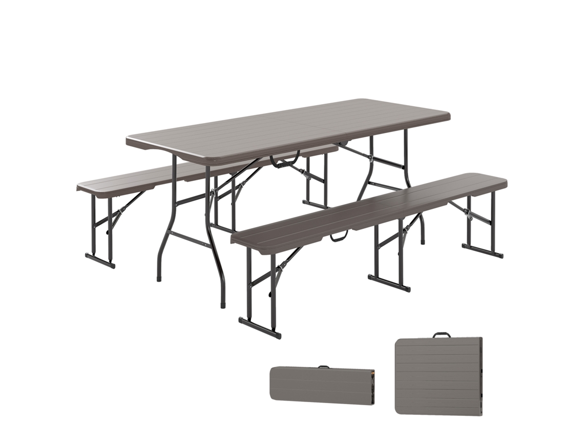 Conjunto Dobrável de Mesa e Bancos para Camping, Imitação de Madeira, para Uso Externo, 180x74x74 Cm e 182x28x42 Marrom