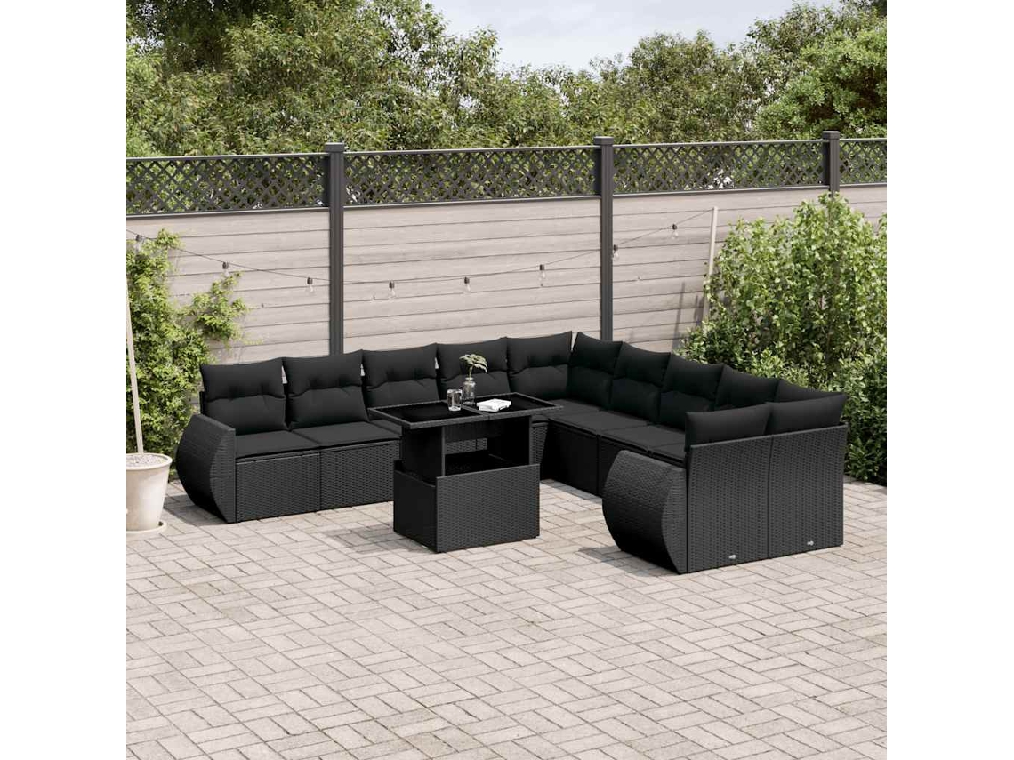 Vidaxl 11 Pcs Conjunto Sofás De Jardim C/ Almofadões Vime Pe Preto